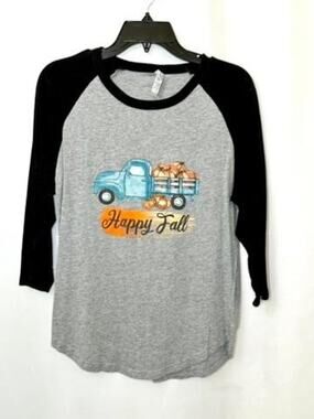 Cotton Heritage Happy Fall Raglan Shirt Womens Small Gray Black 3/4 Sleeve